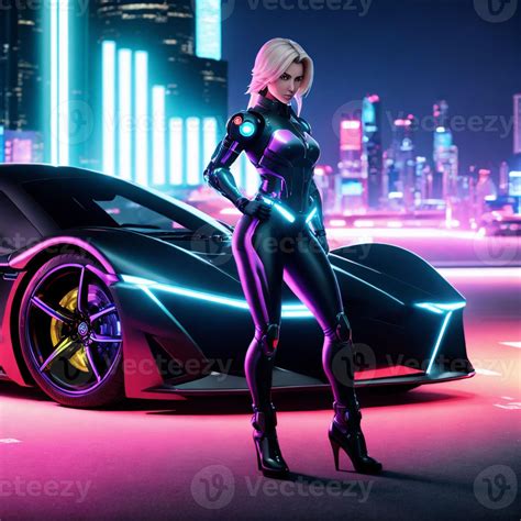 futuristic sci fi woman wearing armor suit with racing car, generative ...