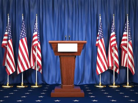 Premium Photo | Podium speaker tribune with USA flags Briefing of president of United states in ...