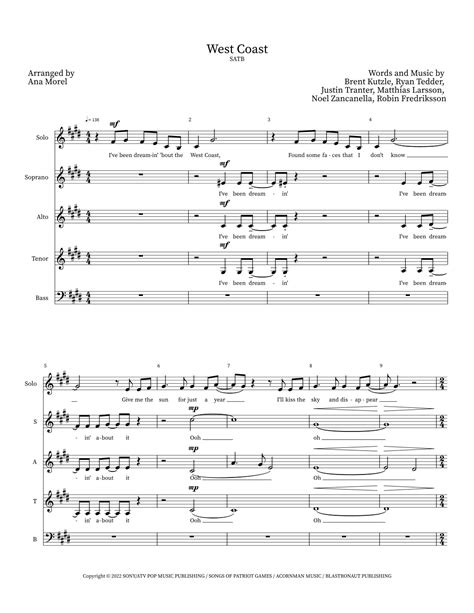 West Coast (arr. Ana Morel) by OneRepublic Sheet Music for SATB Choir at Sheet Music Direct