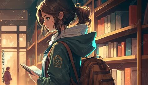 Illustration of a girl reading a book in a library, illustration, anime ...