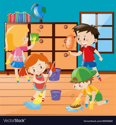 Boys and girls cleaning room together Royalty Free Vector