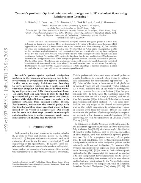 (PDF) Zermelo's problem: Optimal point-to-point navigation in 2D turbulent flows using ...