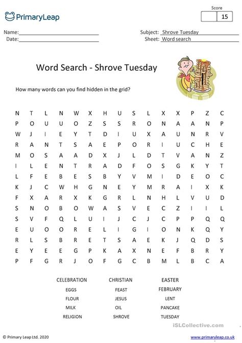 Shrove Tuesday Word Search Printable - Word Search Printable