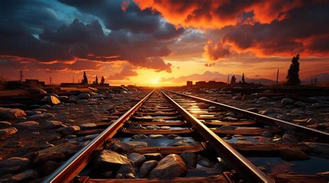 Premium AI Image | Train Tracks Leading Into The Sunset