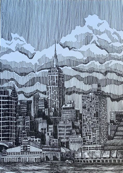 NYC Skyline Pen Drawing City Architecture Print Empire | Etsy