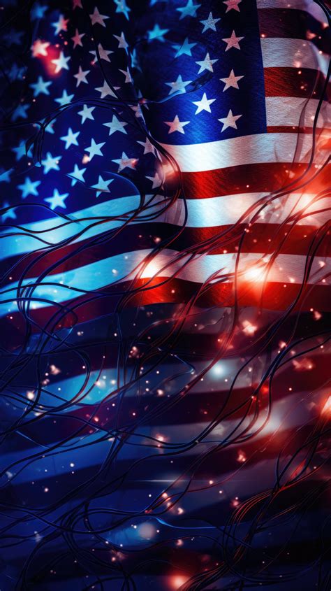 An aesthetic mobile wallpaper of the American flag made from strings of glowing fairy lights