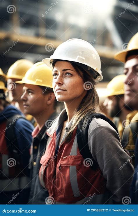 Women Construction Workers and Architects Together in Hard Hats. Workers for Safety. USA Labor ...