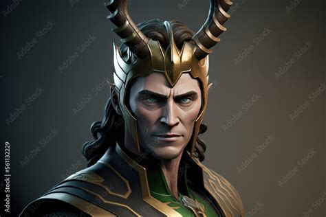 Loki, nordish god of mischief and trickery, green suit and golden horns ...