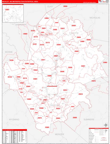 Beckley Metro Area, WV Wall Map Red Line Style