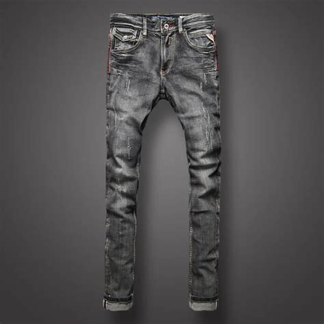 Italian Style Fashion Men Jeans High Quality Slim Fit Dark Gray Ripped Jeans Denim Pants Biker ...