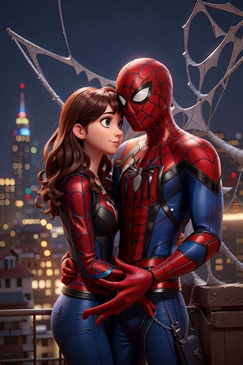 spider - man and woman standing next to each other in front of a cityscape