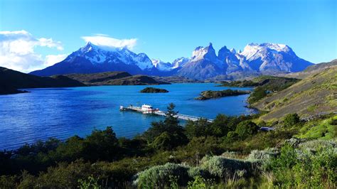 Lake Pehoe, Patagonia, Chile, sky, mountains, pier wallpaper | nature and landscape | Wallpaper ...