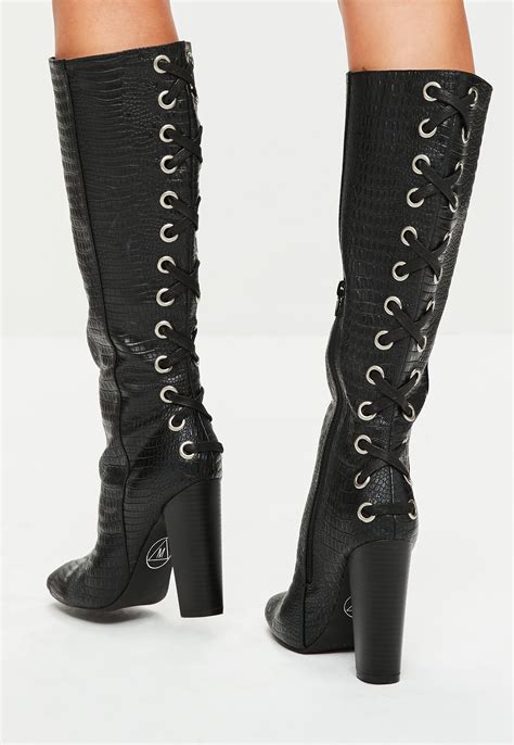 Lyst - Missguided Black Snake Print Lace Up Knee High Boots in Black