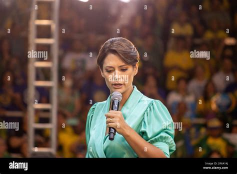 The Michelle Bolsonaro stands on stage during the official campaign ...