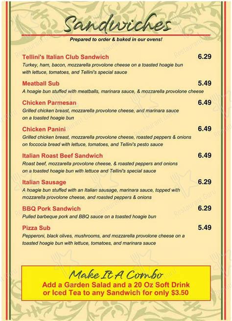 Menu at Tellini's Italiano pizzeria, Tupelo