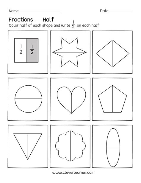 Fun activity on fractions, Half (1/2) worksheets for children