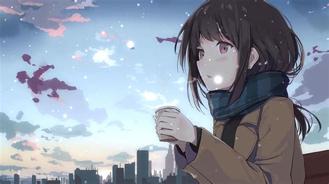 Anime Girl Drinking Coffee In Winter Live Wallpaper - MoeWalls