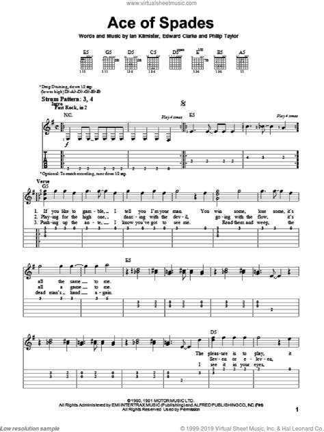 Ace Of Spades sheet music for guitar solo (easy tablature) (PDF)