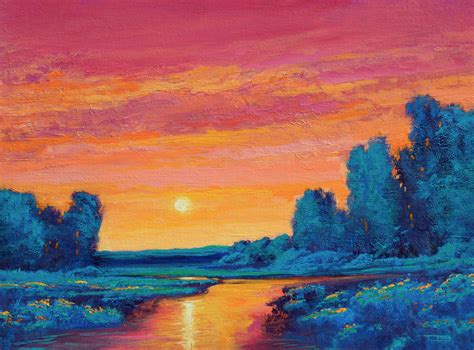 Original glowing sunset painting with bright colors.