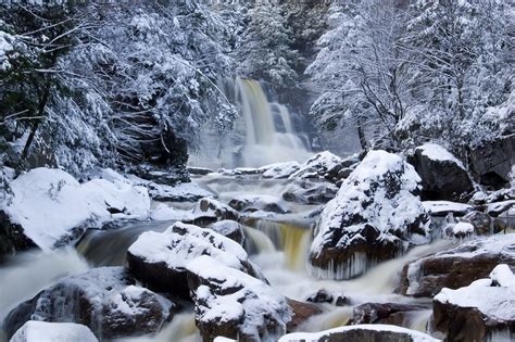 Winter from River - Blackwater Falls State Park, WV. A look up the partially frozen Blackwater ...