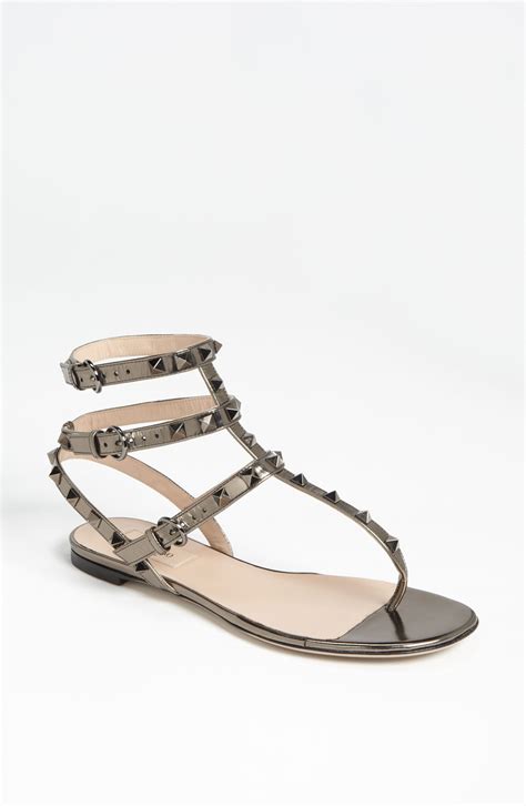 Valentino Rockstud Flat Sandal in Silver (bronze) | Lyst