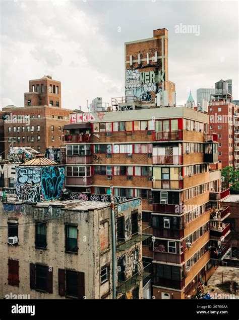 View of buildings in the Lower East Side covered in graffiti, from the ...