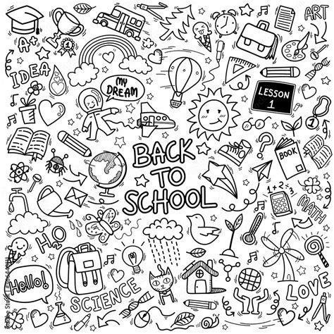 school doodle icons. hand drawn education sign and stationery supply item symbols Stock Vector ...