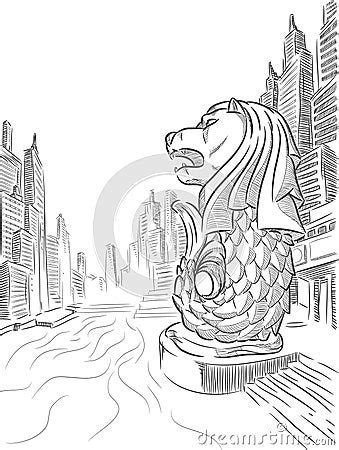 Sketch Of Singapore Tourism Landmark - Merlion Vector Illustration | CartoonDealer.com #32078666