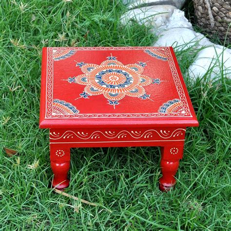 Indian Wooden Chowki Square Furniture Worship Room Decoration Red Hindu Pooja Chowki Gift by ...