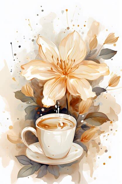 Premium AI Image | a painting of a cup of coffee with a flower Watercolor Painting Coffee ...