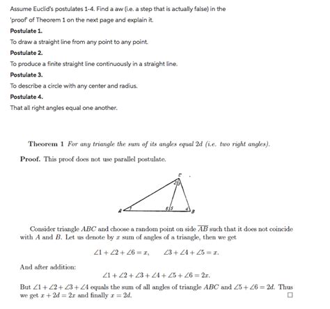 Solved Assume Euclid's postulates 1-4. Find a aw (i.e. a | Chegg.com