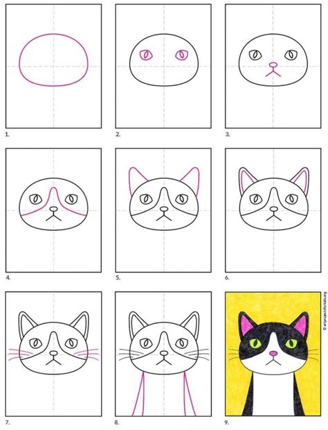 step by step instructions for how to draw a cartoon cat's face in four different ways