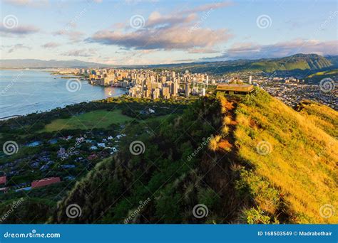 View from Diamond Head Crater on Honolulu at Sunrise Stock Image ...