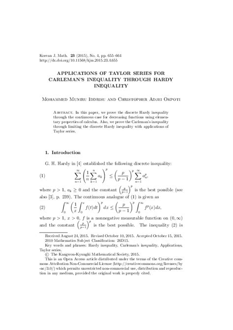 (PDF) Applications of Taylor Series for Carleman's Inequality Through Hardy Inequality ...