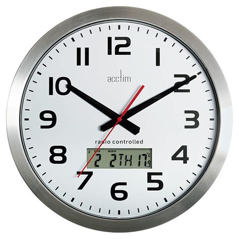 Radio Controlled Analogue Wall Clock with LCD Display 38cm - Silver ...