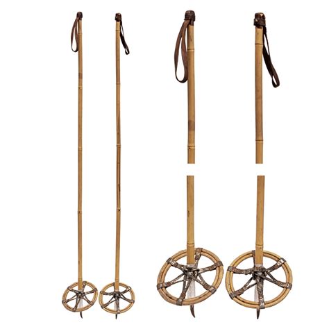 1940s Vintage Bamboo ski poles with 7 inch bamboo and leather baskets. Length - 56 inches