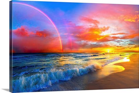 Pink Sunset Beach With Rainbow And Ocean Waves Wall Art, Canvas Prints, Framed Prints, Wall ...