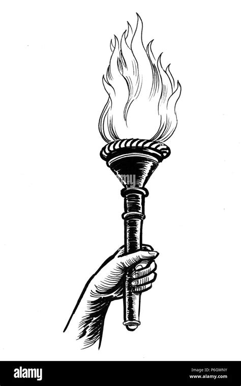 Hand holding a fire torch. Ink black and white illustration Stock Photo - Alamy