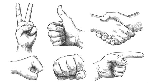 Hand drawn gestures. Pointer finger, strong fist and punch. Handshake ...