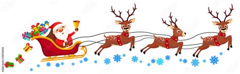 Santa Claus is riding a sleigh with reindeer and ringing a bell on a ...