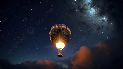 Hot Air Balloon Glowing In The Night Sky Background, 3d Rendering Hot ...