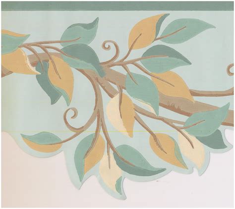 Wallpaper Border - Brown Beige Teal Leaves on Tree Branch Scalloped Teal Wall Border Retro ...