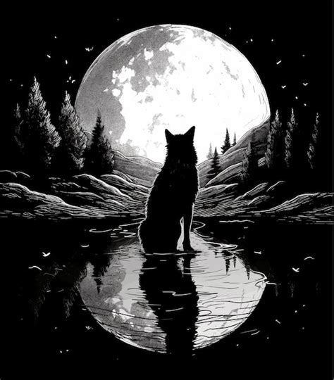 Premium Vector | Black and white illustration of a wolf looking at the moon