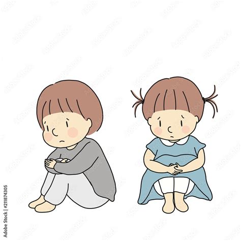 Vector illustration of little kids hugging knees, feeling sad and anxious. Child emotion problem ...