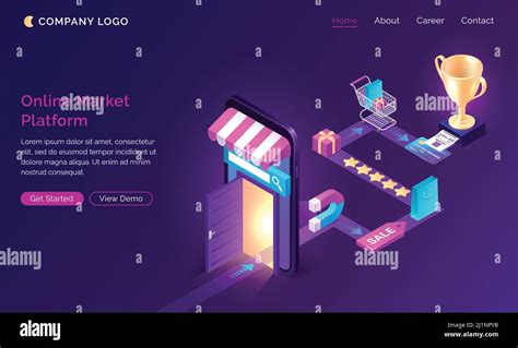 Online market platform isometric landing page, customer journey road map. Buyer shopping ...