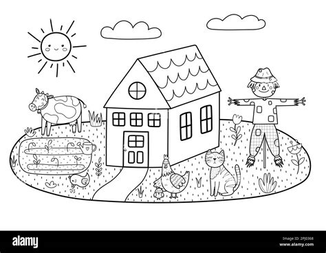 Cute farm landscape in black and white with scarecrow, hen, cat, cow and farmhouse Stock Vector ...