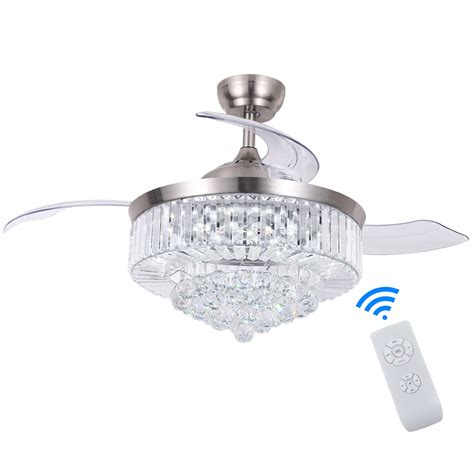 Retractable Ceiling Fan with Light and Remote Control, Indoor Crystal ...