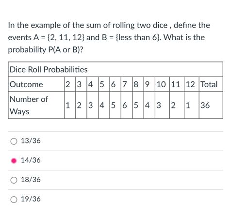 Solved In the example of the sum of rolling two dice , | Chegg.com