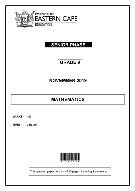 2020 Grade 9 Maths Final EXAM EC - SENIOR PHASE GRADE 9 NOVEMBER 2019 ...