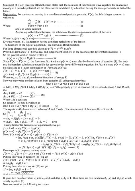 Bloch Theorem - Lecture notes 2 - Statement of Bloch theorem: Bloch theorem states that, the ...